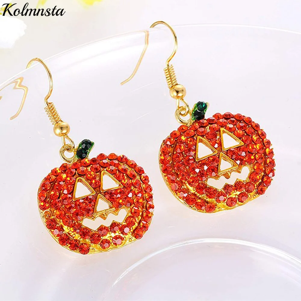 Kolmnsta Halloween Rhinestone Pumpkin Skull Dangle Earrings For Women Lantern Spooky Face Ghost Festival Ear Jewelry Party Gift