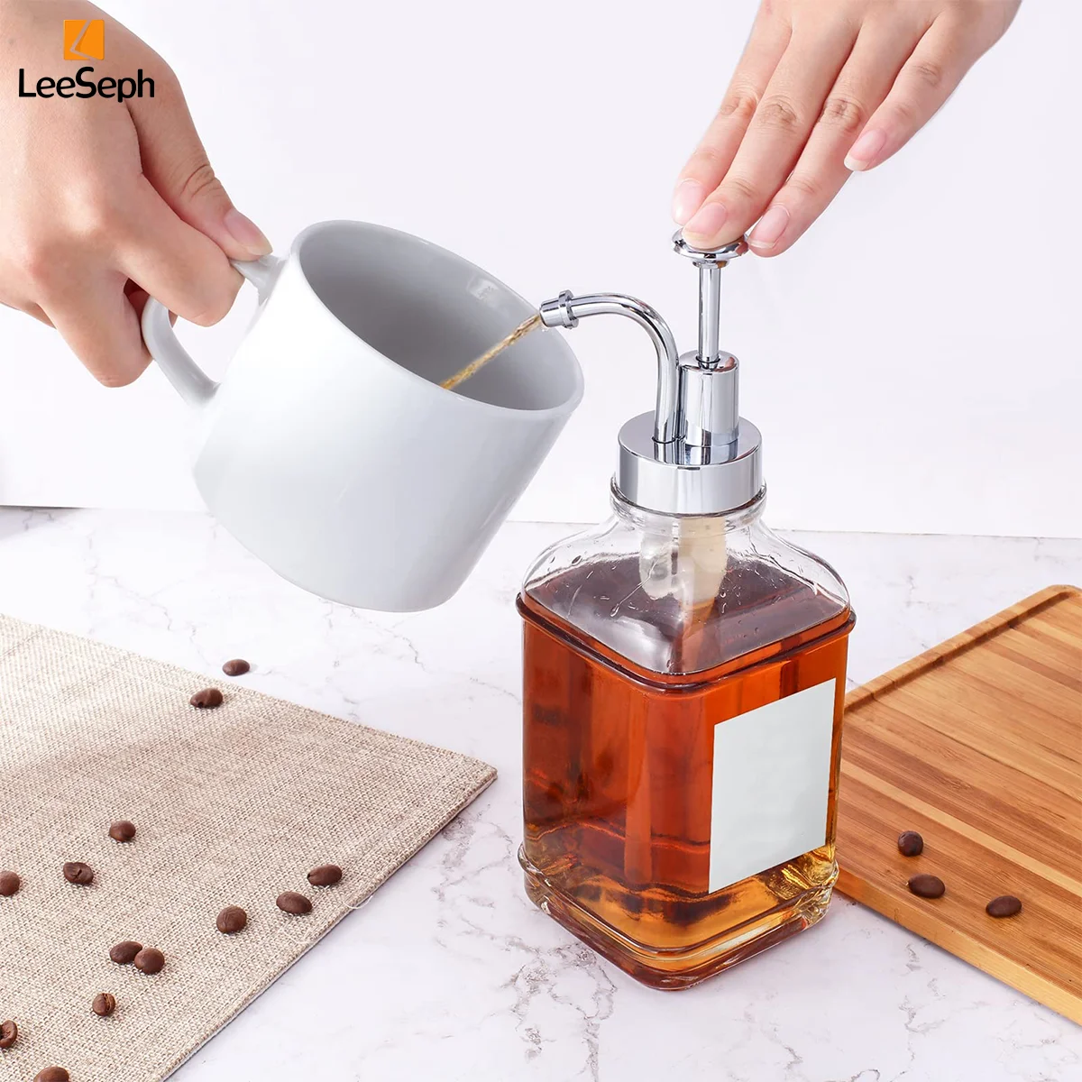 Leeseph Glass Coffee Syrup Dispenser Set with Fill Funnel, Glass Syrup Bottle with Pump, Ideal for Home, Kitchen, and Café Use