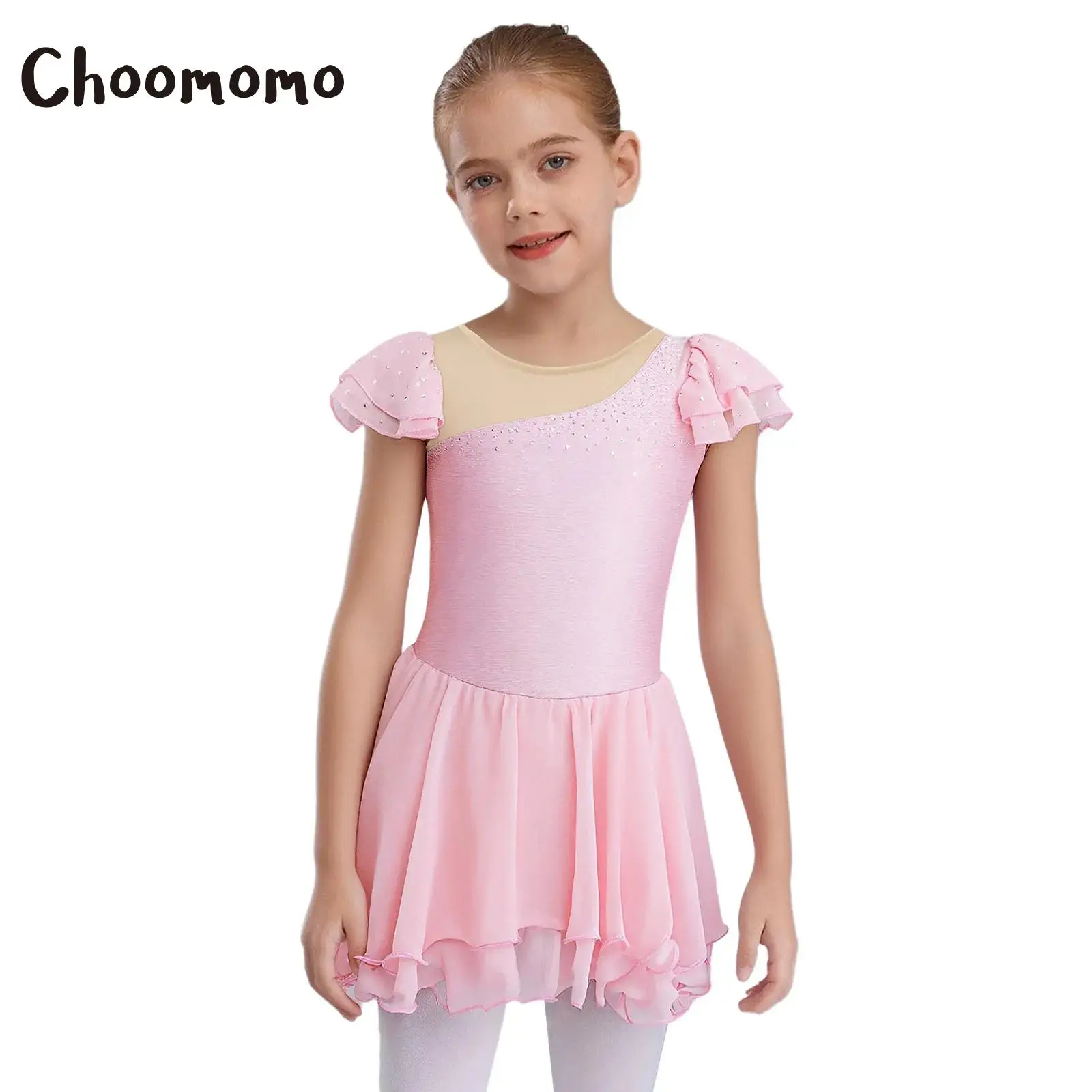 

Kids Girls Sleeveless Ruffle Gymnastics Ballet Leotard Dress Sheer Mesh Patchwork Rhinestones Figure Skating Costume