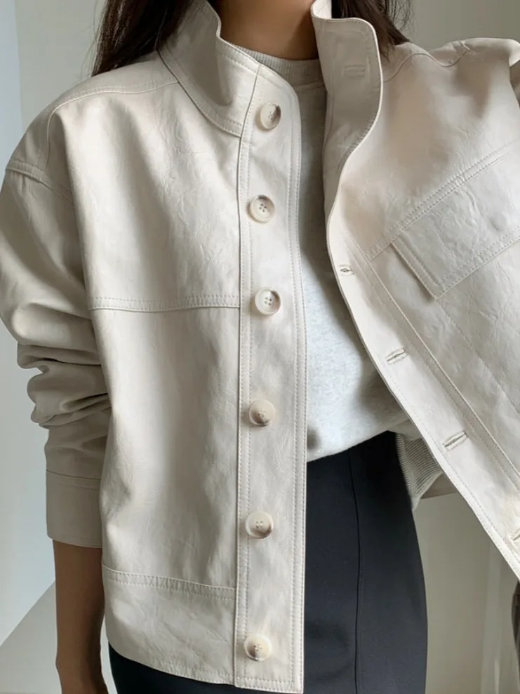 Retro coreano sle biker jaet feminino faion pesado bordado gola alta quali casaco de couro primavera nova chegada