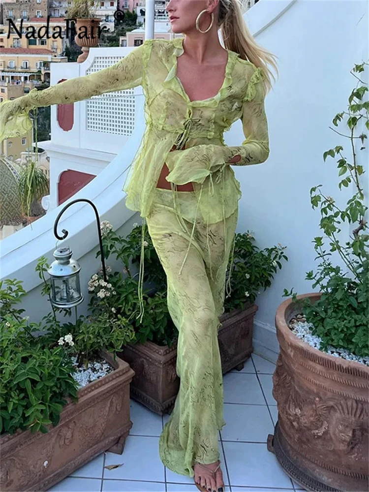 Nadafair Chiffon Elegant Women‘s 2 Piece Set Beach Printed V Neck Cardigan Shirt+Long Maxi Skirt Bandage Ruffles Green Y2K 2024