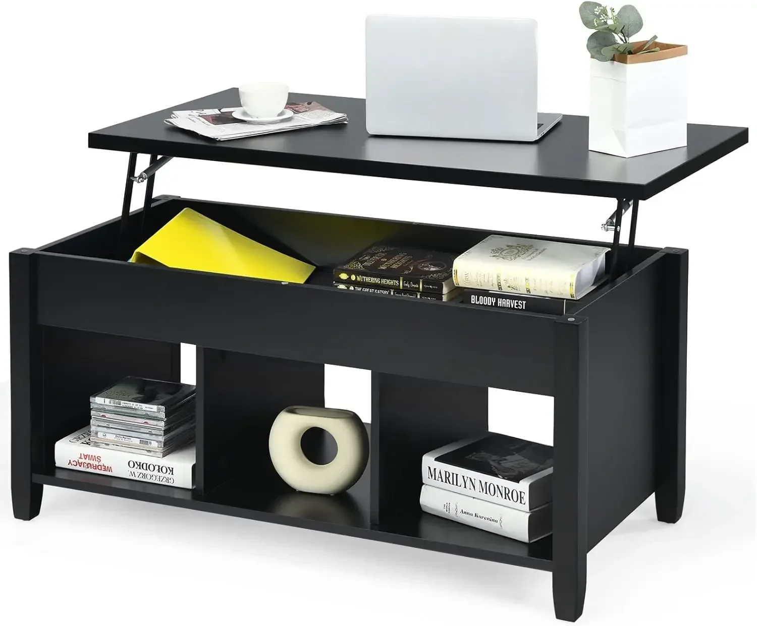 Wood Lift Top Modern Coffee Table w/Hidden Compartment and Open Storage Shelf for Living Room Office Reception Room (Black)