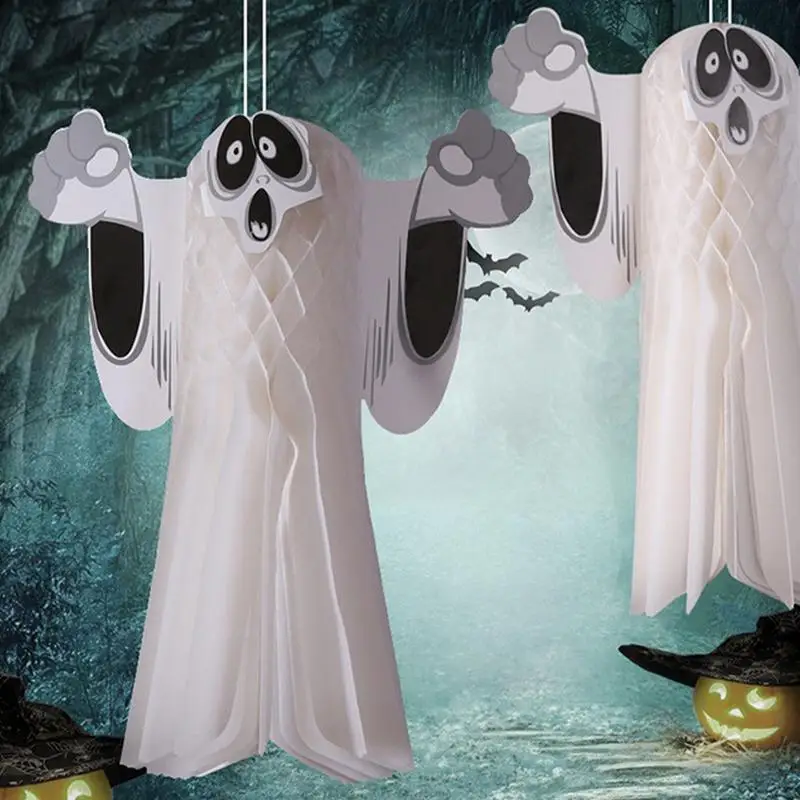 Halloween Ghost Paper White Ghost Decorations Hangable Halloween Decor Honey comb Ball Decoration For Haunted House Bar Parties