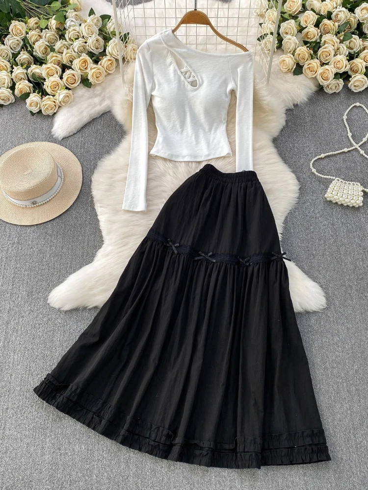 

French style fashion two-piece set women sexy hollowed out sloping shoulder T-shirt versatile slimming ruffle edge long skirt