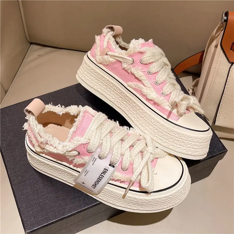 Pink Frayed Hem Sneaker Women\'s Vulcanize Canvas Shoes Teenager Espradilles Girl Chunky Platform Trainers Woman Flower Plimsolls