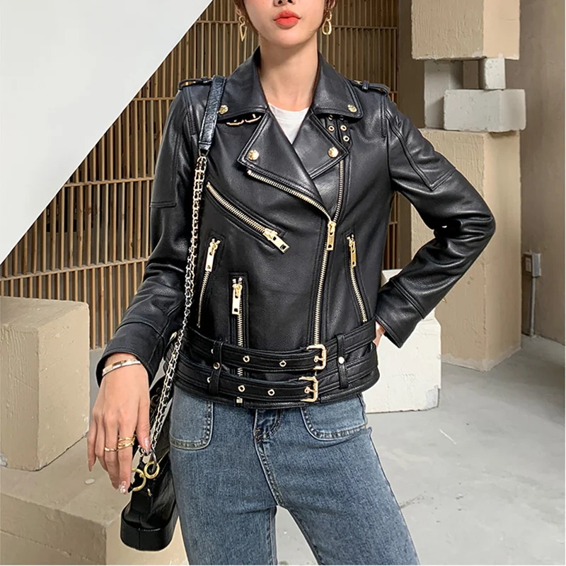 Jacket Women's Zipper Moto Biker Autumn and Winter Fashion Slim Short Sheepskin Suit Lapel Double Belt Genuine Leather Jacket