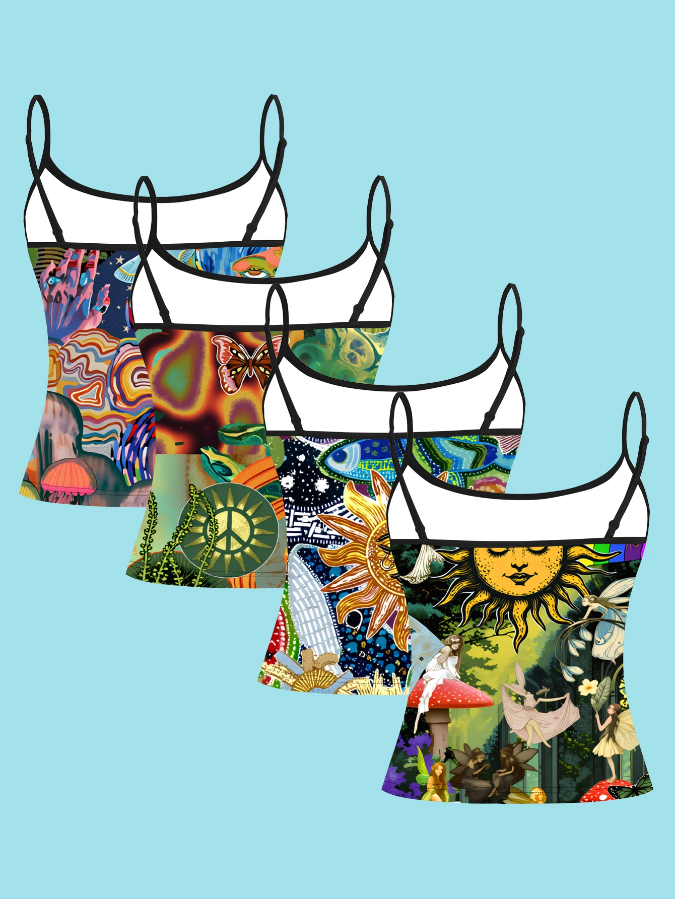 4-Piece Set of Psychedelic Hippie-Style Mushroom Fairy Collage Print Camisole for Women, Sun Butterfly Peace Symbol Art Slim-Fit Spaghetti Strap Top