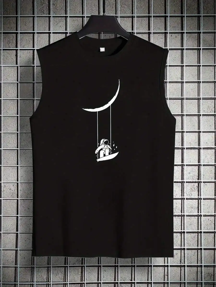 Camiseta sin mangas de algodón para hombre con estampado de astronauta y luna, transpirable y de secado rápido para correr en el gimnasio
