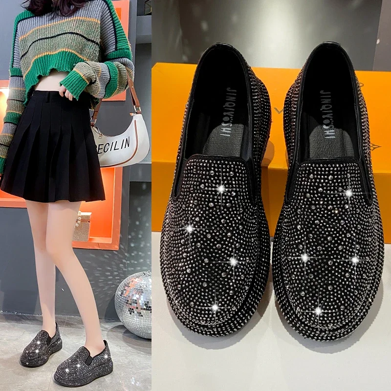 High quality rhinestone loafers for women\'s spring/summer 2024 new versatile sponge cake thick sole flat sole single shoes