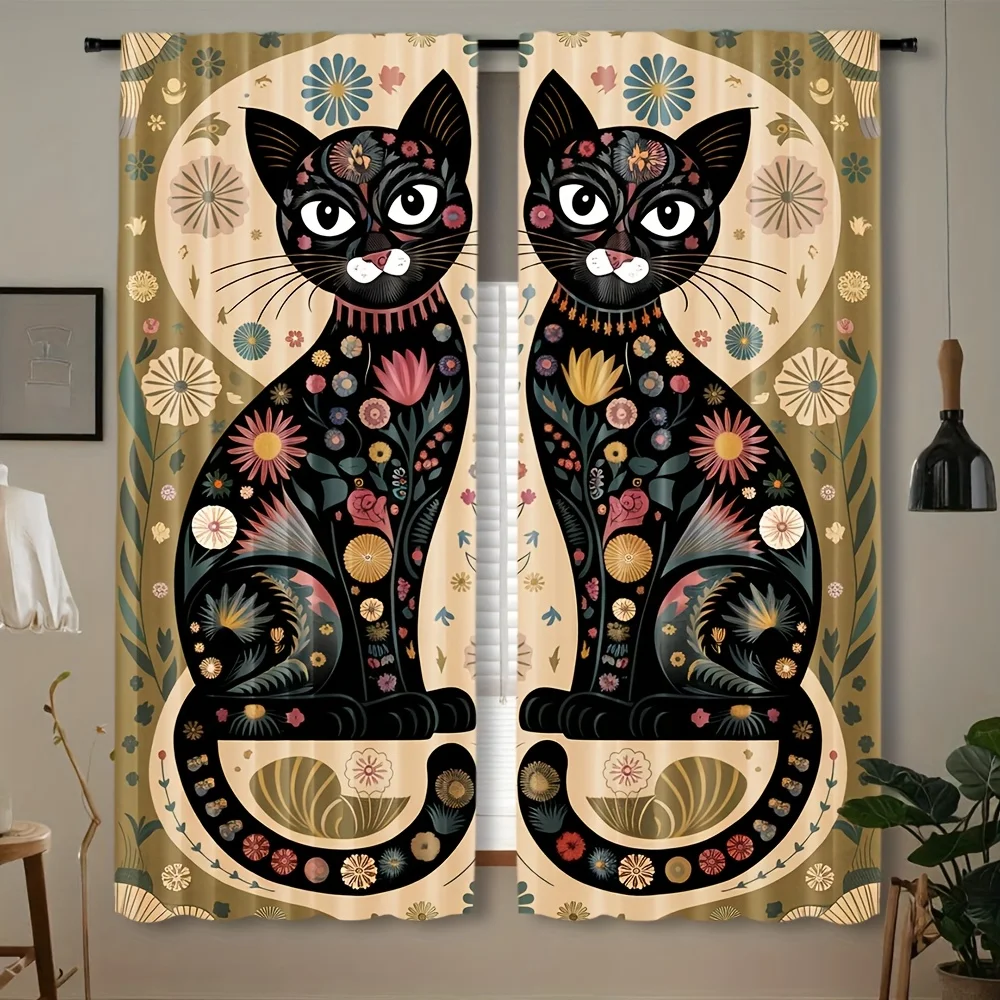 Attractive cat pattern Print Drapes Room Darkening Window Curtains for Home Decor,Rod Pocket Blackout Curtains Bedroom