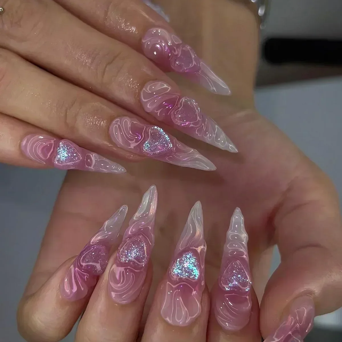 

24pcs Almond Stiletto Glitter Pink French Press on Acrylic Nails with 3D Love Design Ballet Long False Nail Full Cover Nail Tips