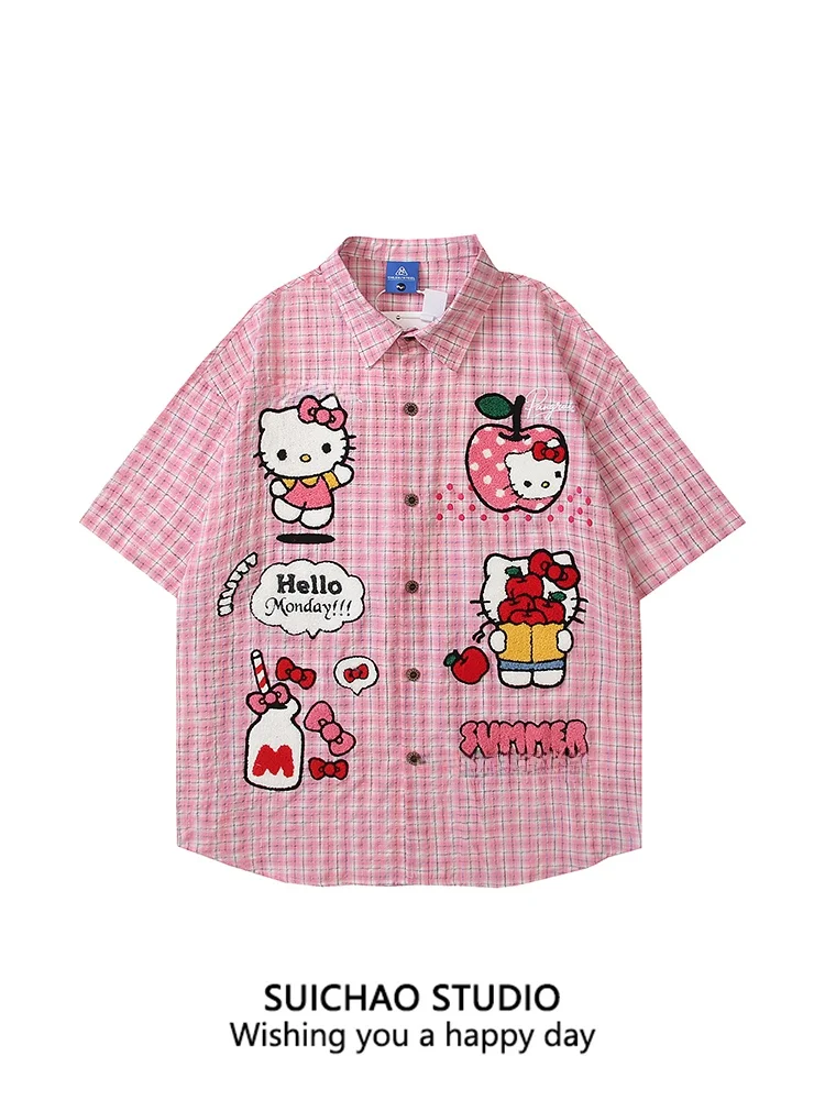 

Suichao American Sle Retro Cartoon HelloKit Plaid ort Sve Loose irt School Campus Fun Children's Casual irt