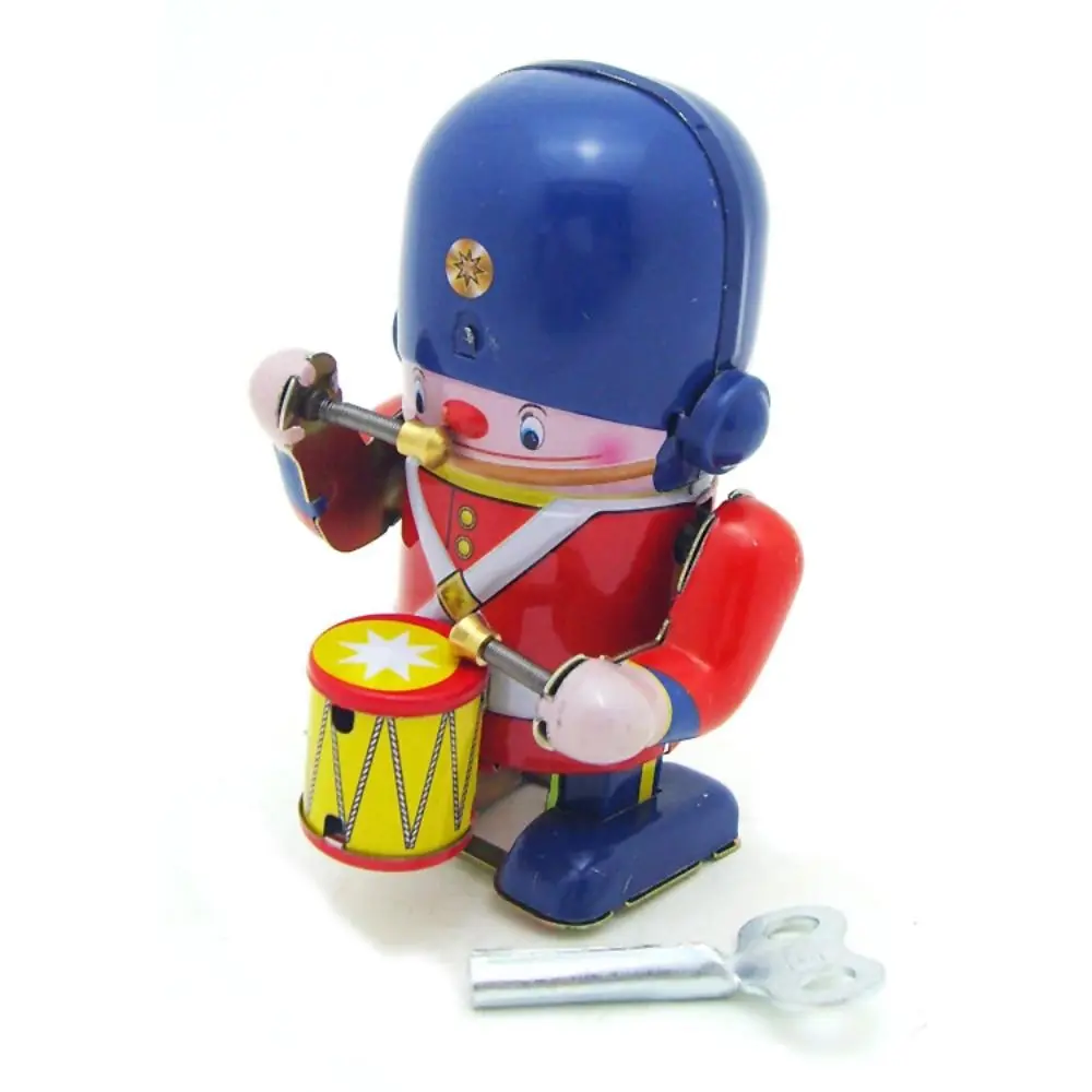 Drumming Robot Wind Up Walking Robot Iron Metal Figures Clockwork Walking Nostalgic Fun Play Vintage Mechanical Clockwork