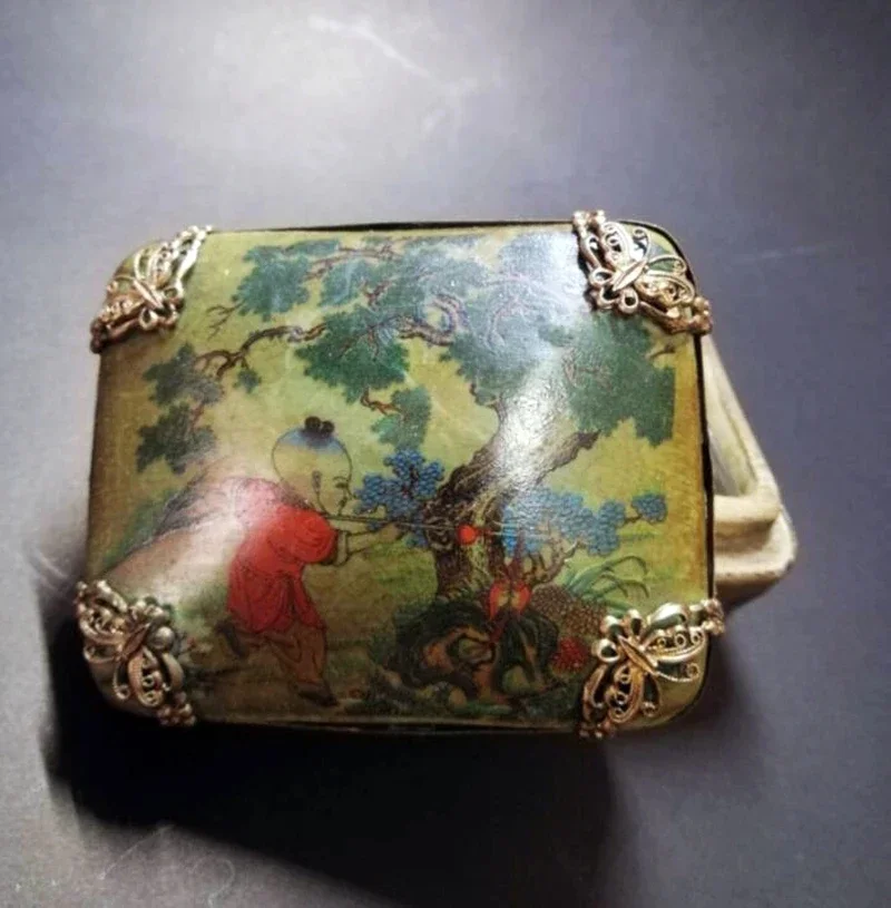 

Elaborate Ancient Chinese old porcelain inlaid with silver edge hand-painted multicolor jewelry box