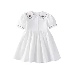 2024 Children Girl Flower Embroidered Dress Peter Pan Collar Cute Clothing Cotton Simple Summer Kids Little Girls Outing Vestido