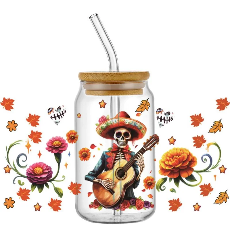 Mexican Day of the Dead DIY Decals 3D transfers uvdtf crystal stickers 16oz uv dtf cup wraps for Libbey Glasses