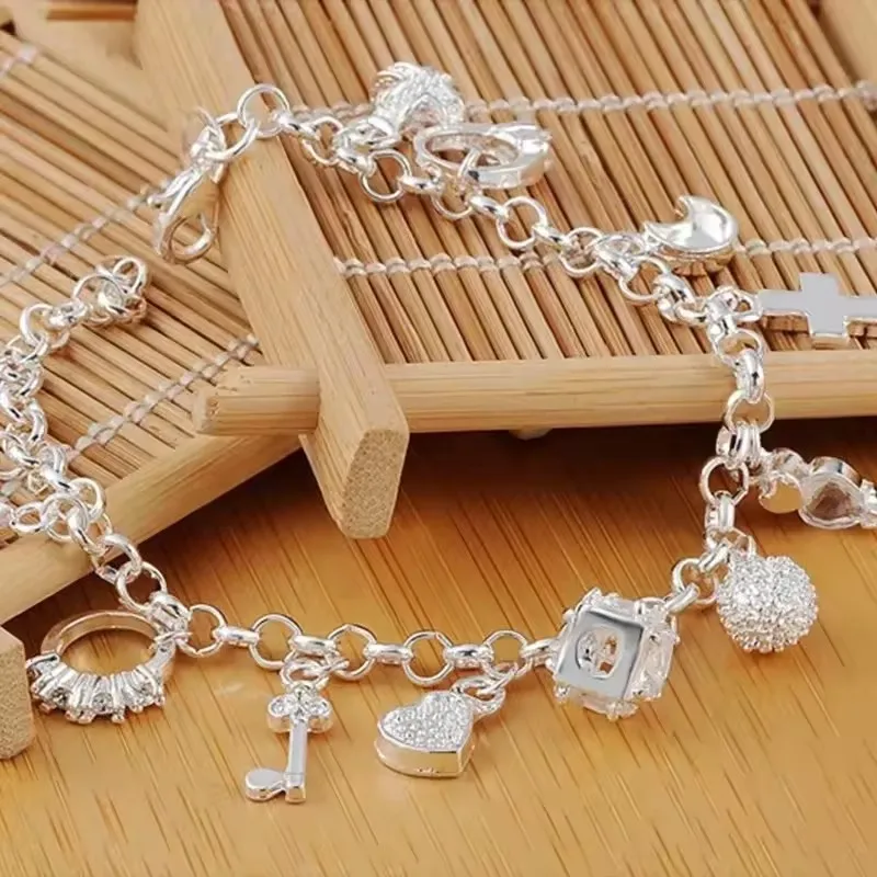 Top Quality 925 Sterling Silver Adjustable Bracelets Nice Moon Heart Clock Ball Cube Star Charms Jewelry for Women Girls Gift