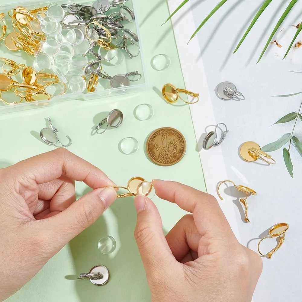 40 مجموعات 2 ألوان 304 الفولاذ المقاوم للصدأ Leverback القرط الحافة صينية 12 مللي متر شقة مستديرة فارغة كبوشن صينية مكونات القرط