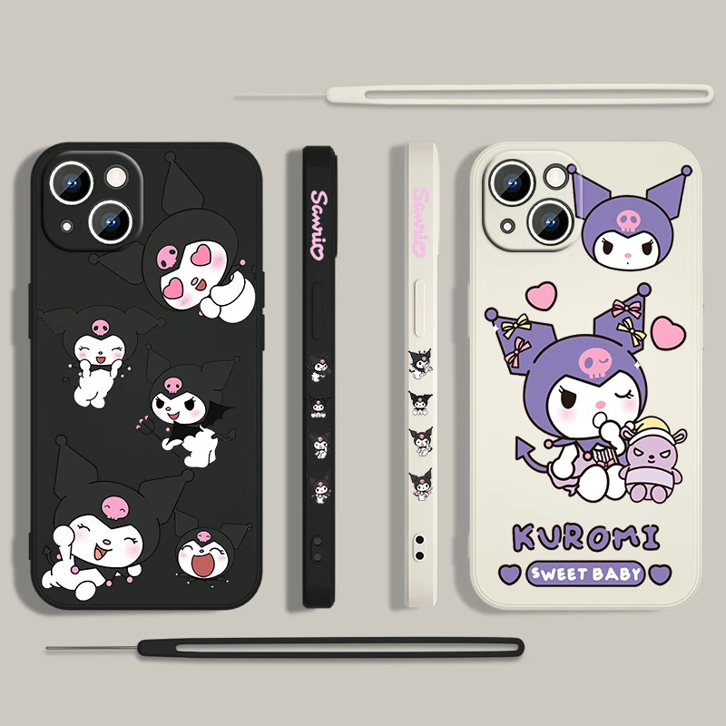 Kuromi Sanrio Little Devil Phone Case For Apple iPhone 15 14 13 12 11 Pro Max Plus 8 7 SE Liquid Left Rope Capa Cover