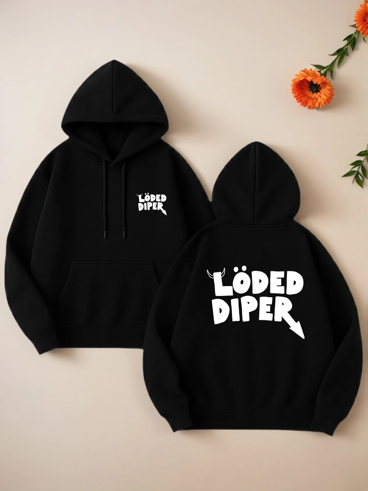 

Loded Diper Letter Print Graphic Hoodie, Streetwear Aesthetic, Fleece Lined, Casual Everyday Wear, For Men