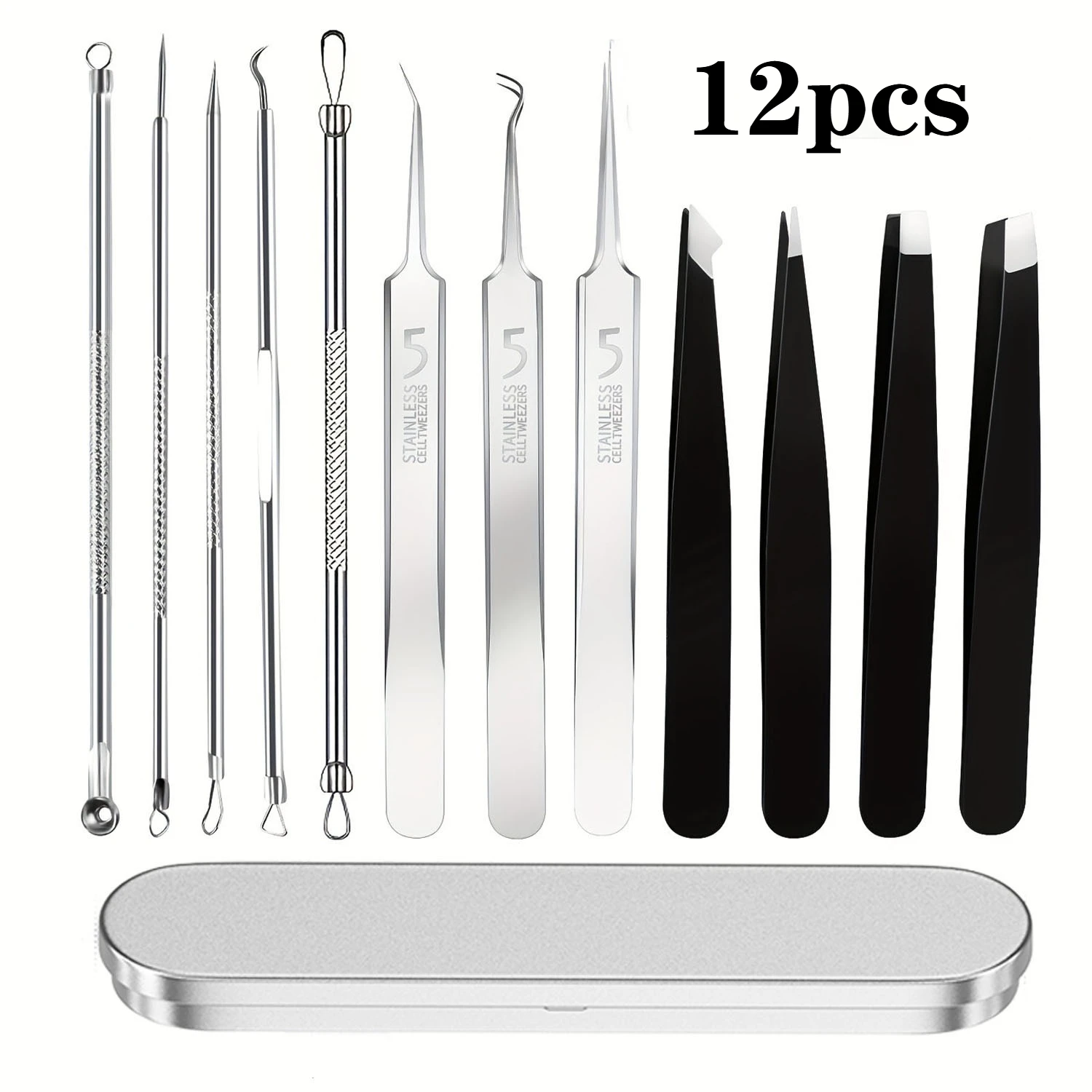 12pcs Blackhead Tools,Pimple Popper Tool Kit, Quick and Easy of and Blackheads,Precise Eyebrow Tweezers for Facial Hair women