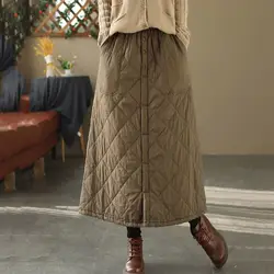 Retro Mom Diamond Grid Quilted Skirt Winter Warm Large Size Women's Clothing Casual High Waist Casual Cotton Skirt K2641