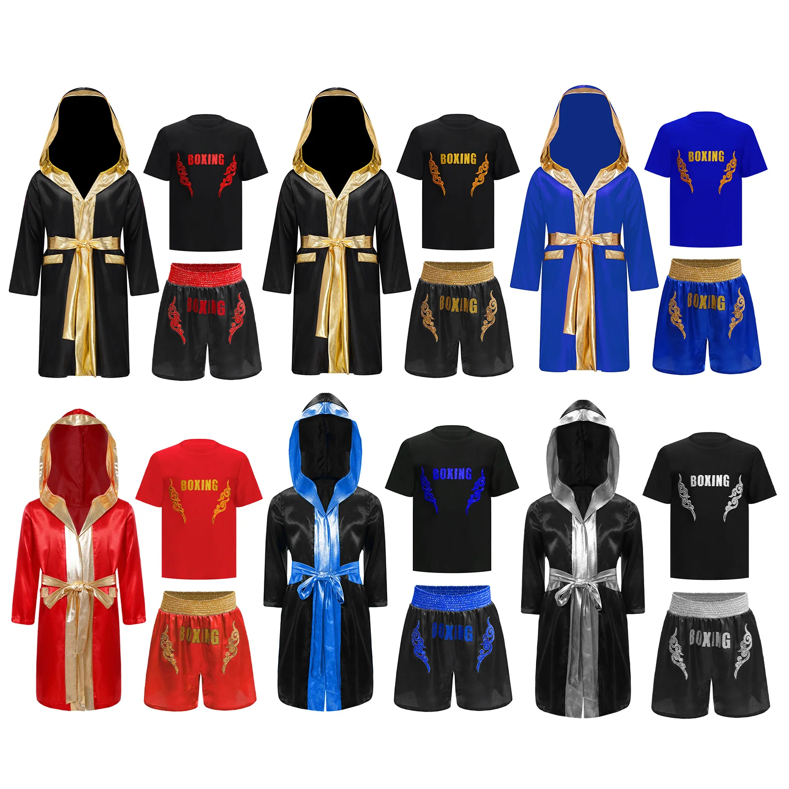 Kids Boys Boxing Outfit Crew Neck Sequin Shiny Letter Printed T-shirt with Shorts Robe And Belt Set for Halloween Cosplay Party