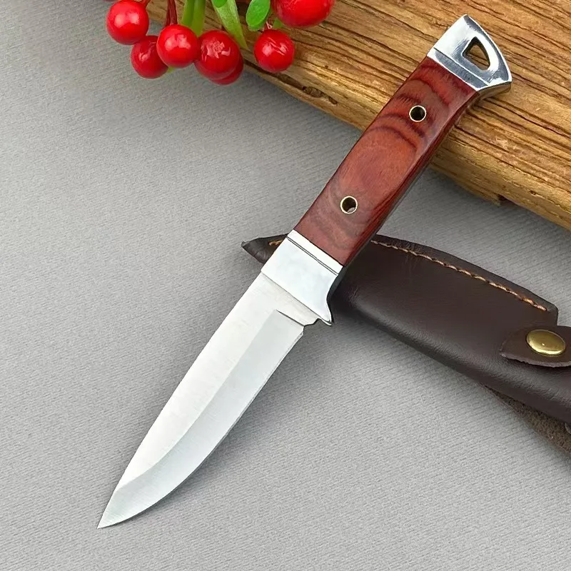 Outdoor mahogany handle pocket knife, high hardness 5CR13 stainless steel straight knife with sheath, camping EDC survival knife