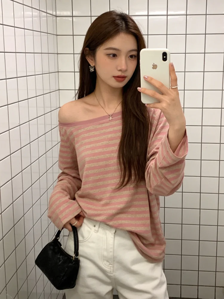 Early Autumn Unique Striped Slant Shoulder Long Sleeve T-Shirt Women's Fashionable Cotton Blend Comfortable Fit round Neck Top