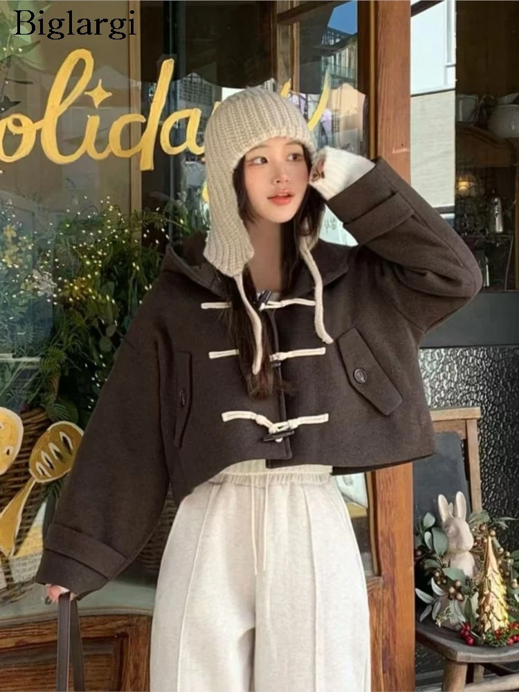 

Осенне-зимнее шерстяное пальто с капюшоном, женские модные укороченные куртки в корейском стиле, свободные повседневные женские пальто