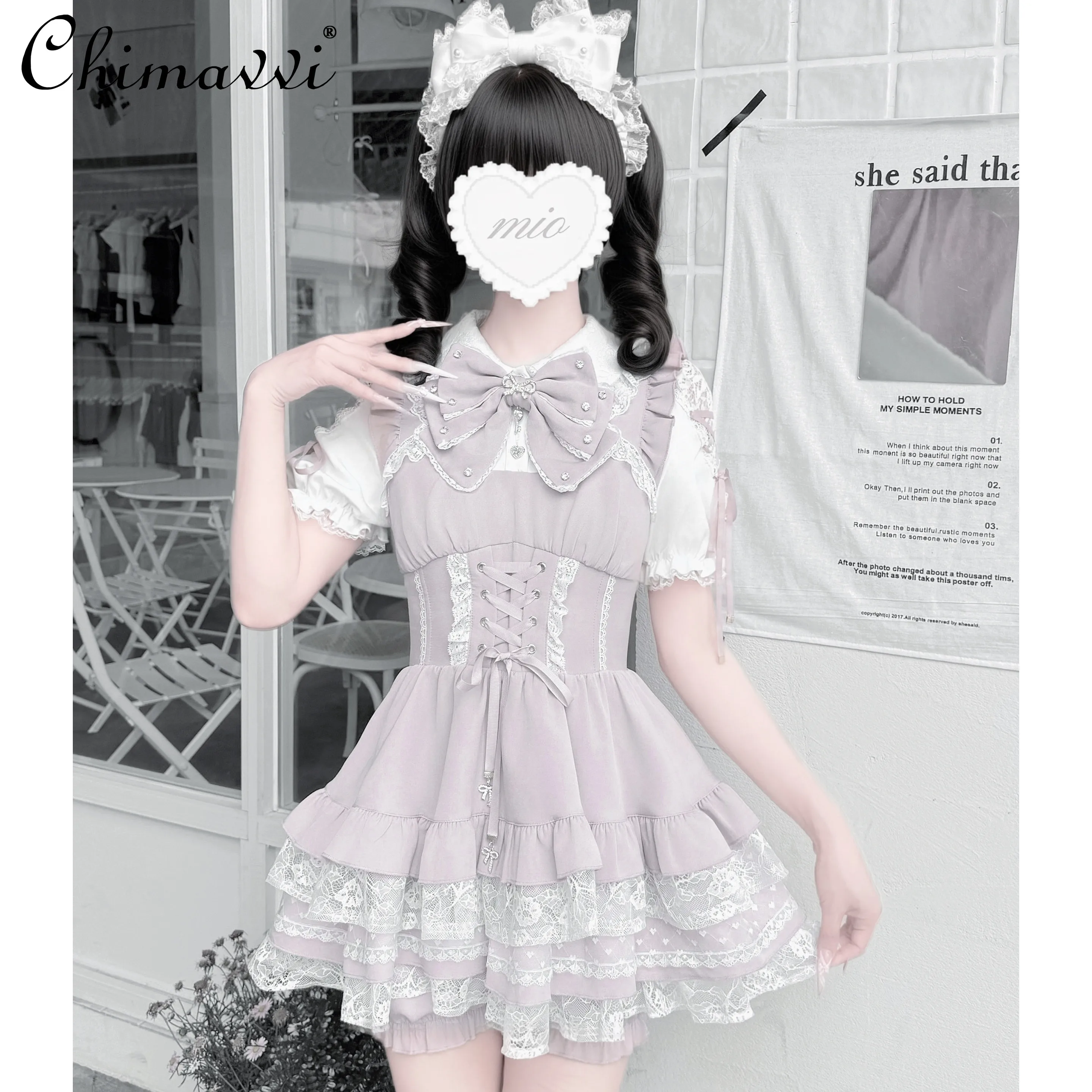 

Japanese Mass Production Dress Set New Summer Girl Women's Sweet Lace Bow Short Sleeve Cake Dress Shorts Lolita Two-piece Sets