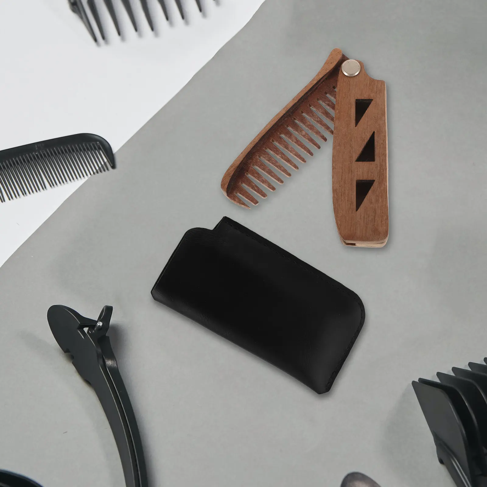 Portable Wooden Folding Beard Comb Wide Tooth PU Protective Case Travel Grooming Tool for Men Mustache Care Beard Folding Comb