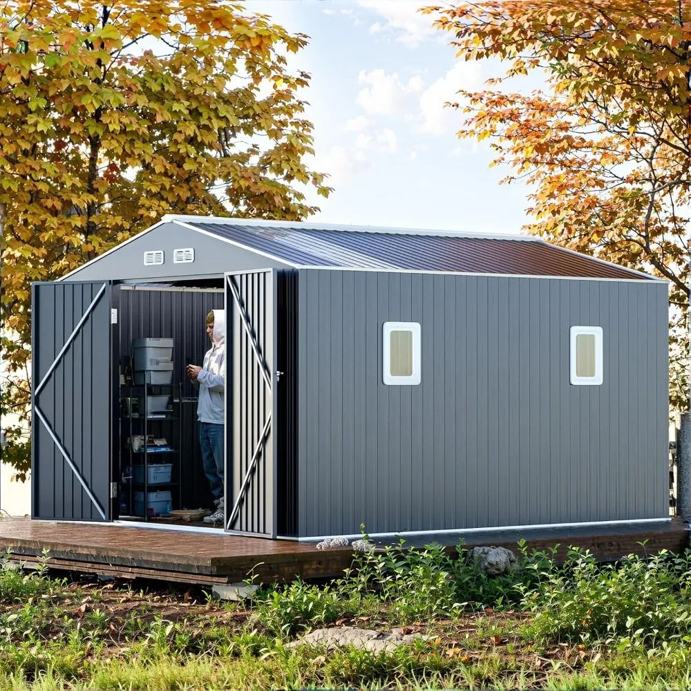 12x10x7foot metal shed outdoor storage cabinet with natural lighting and semi transparent roof panels,windows,and lockable doors