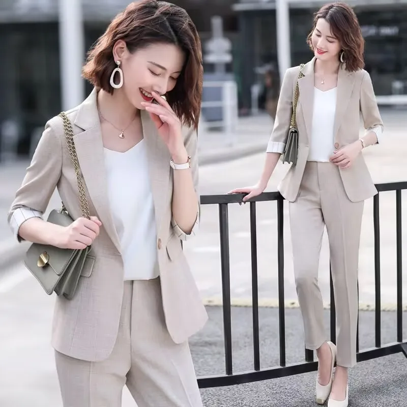 Spring Summer Women Thin Style Stripe Professional Attire Blazer Two Piece Set Korean Fashion Leisure Occupation Blazer Pant Set