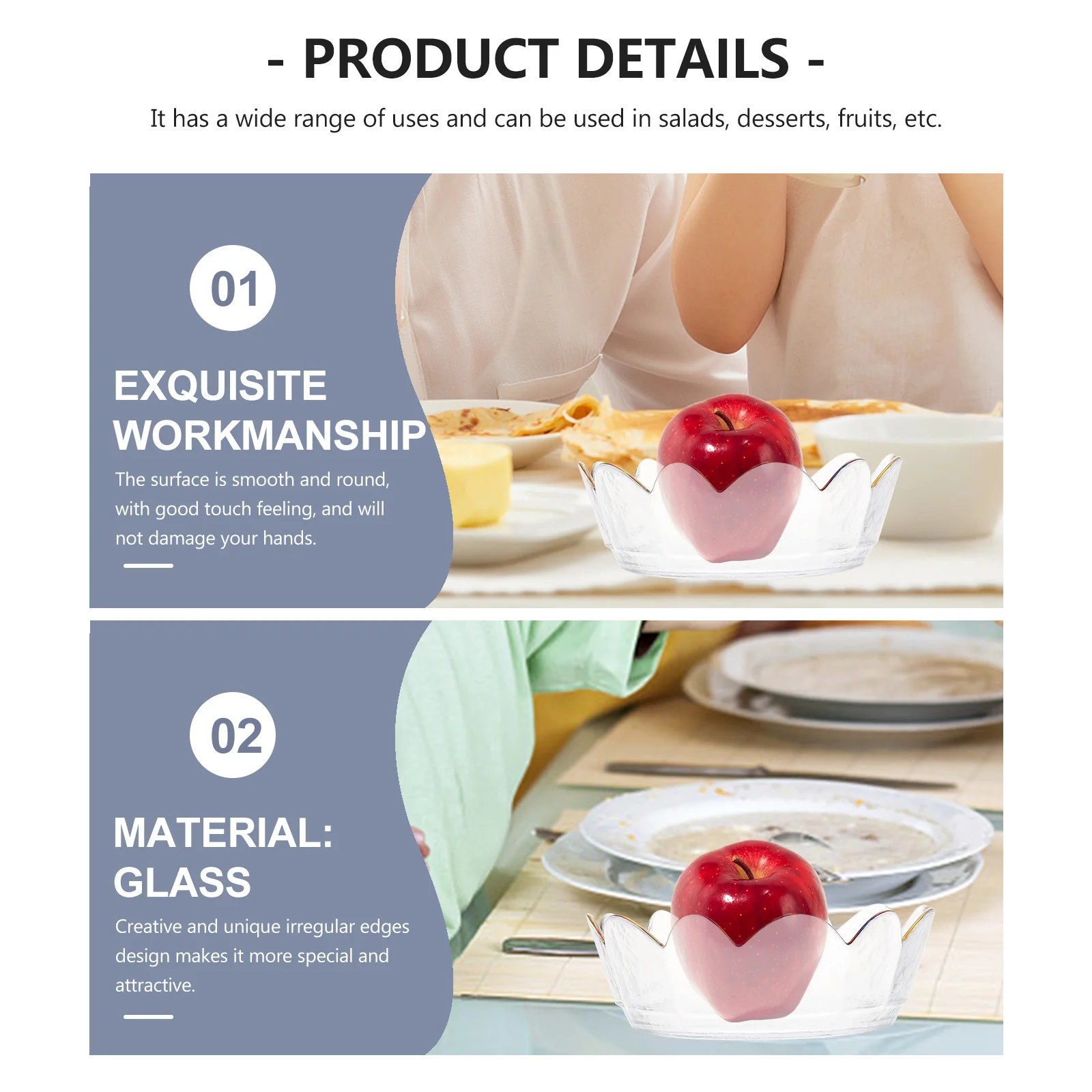 

1Pcs Creative Irregular Edges Glass Salad Bowl Gold Rim Transparent Fruit Dessert Storage Kitchen Bowl Suitable for Party