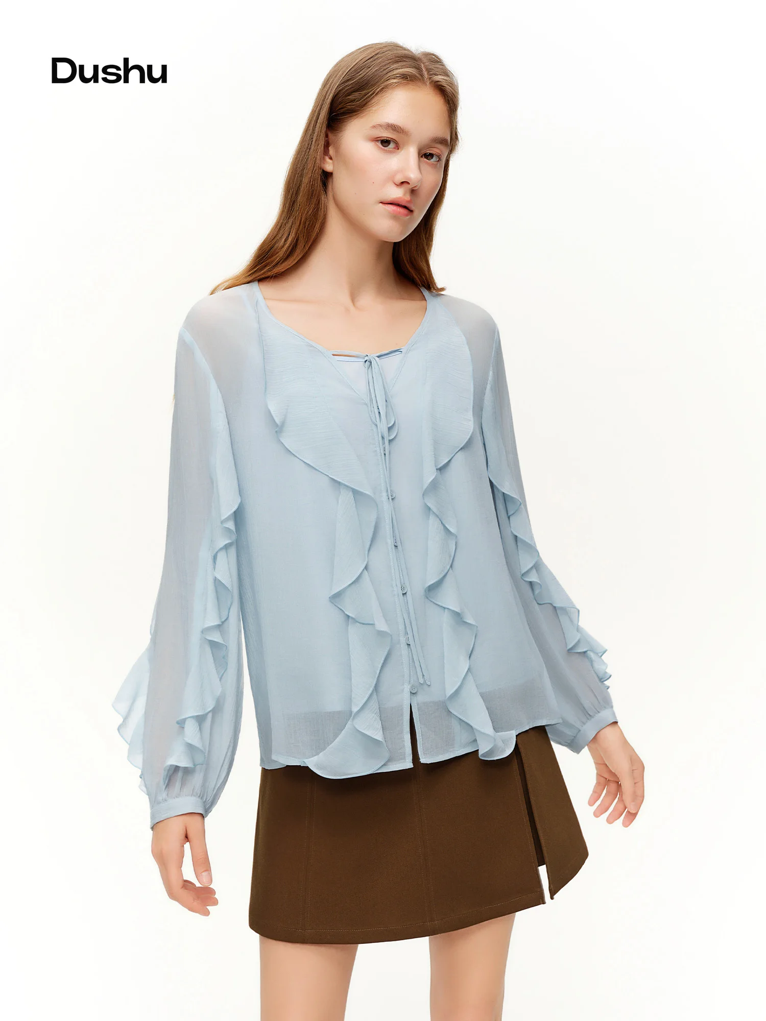 

DUSHU 2026 Spring Women's Flounce Trim Blouse V-Neck Design - Elegant Flowy Chiffon Top for Office Commute and Casual Wear​