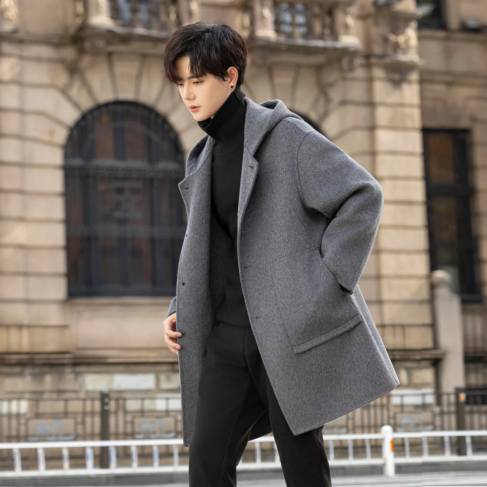 

High Quali Men's Woolen Coat 2025 New Faion Casual Versatile Loose Fit Warm Winter Outerwear with Hood Mid-Length