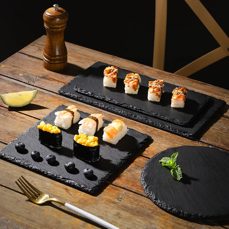 Czarny naturalny deska kamienna deska do krojenia stek pozowanie ozdoby fotografia dekoracja Sushi jedzenie zdjęcie tło strzelanie rekwizyty