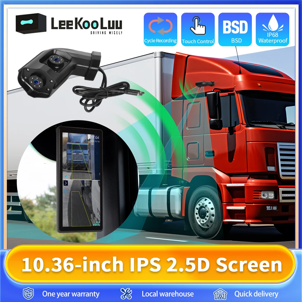 LeeKooLuu-Caméra filaire anti-interférence IP68, écran IPS 2.5D 10.36 pouces, étanche, vision nocturne, avec 2 caméras avec BSD DVR