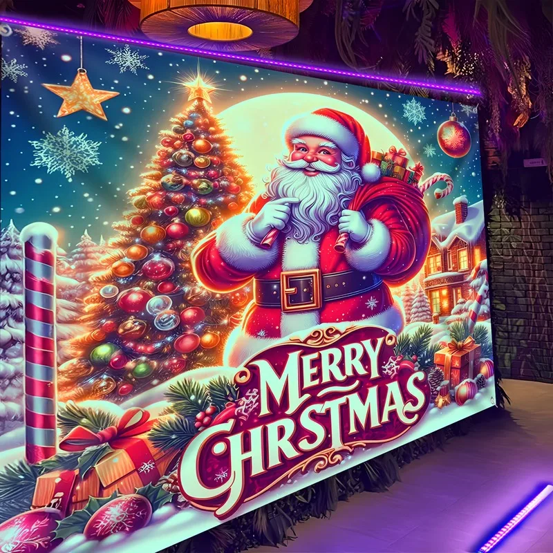 VIKAMA Santa Sleigh Reindeer Tapestry, Moonlit Christmas Village Mountains, Xmas Wall Hanging for Living Room Bedroom