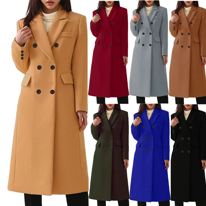 

Autumn Winter Ladies Long Trench Coat Jacket Causal Female Women Solid Double-Breasted Woolen Outwear Overcoat Capes Plus Size