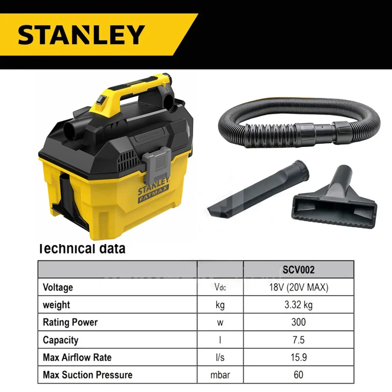 Stanley SCV002 Cordless Wet & Dry 20V 7.5L Cordless Vacuum Cleaner (Bare Unit) for Car Home Cleaning Construction Site