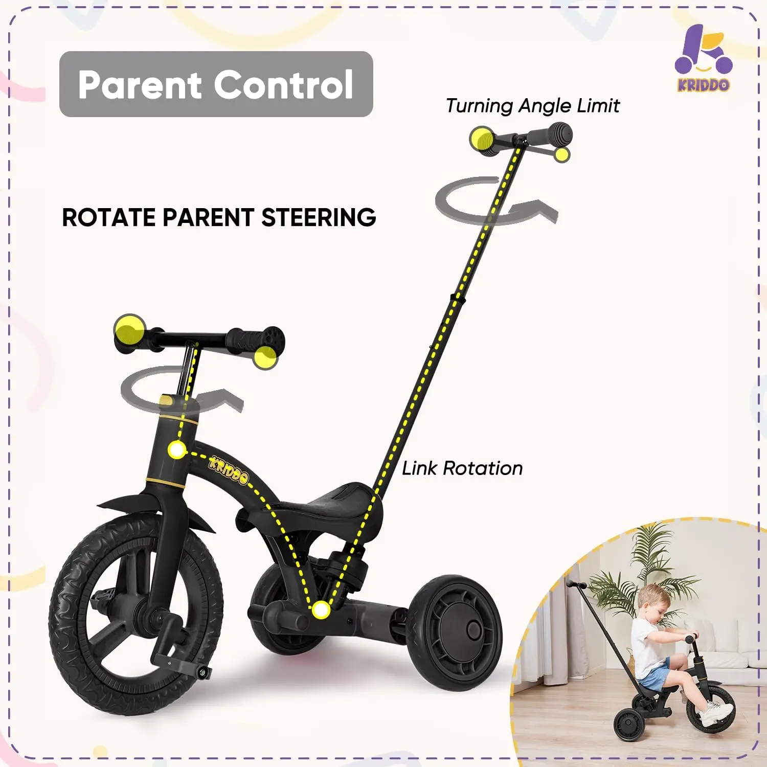 4-in-1 Kids Tricycle for 1.5 to 3 Yea Old with Parent Steering Push Handle, 12 Inch Front Wheel Trike, Toddler Balance Bike for