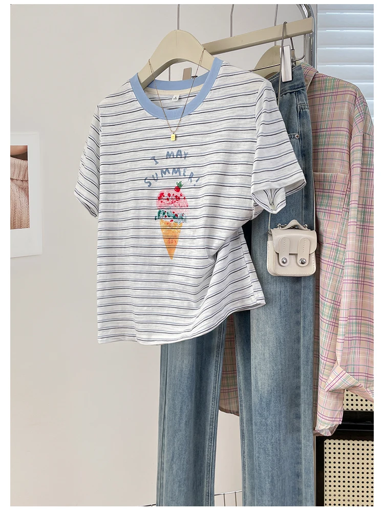 Korean Style Ice Cream Print Striped T-Shirt Women's Summer Breathable Casual Anti-Aging round Neck Short Sleeve Top