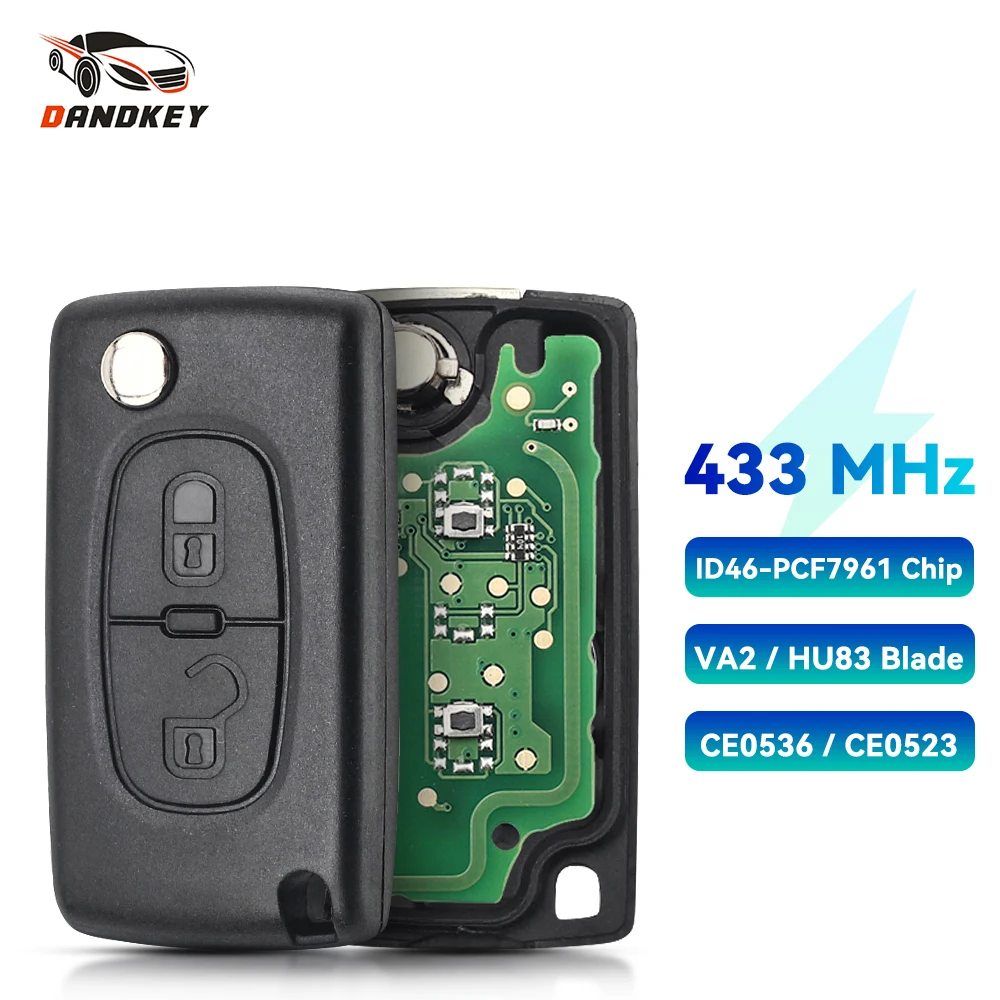 Dandkey 434mhz pedir fsk flip carro de controle remoto chave para peugeot 107 207 307 308 407 para citroen c2 c3 c4 ce0523 ce0536 va2/hca