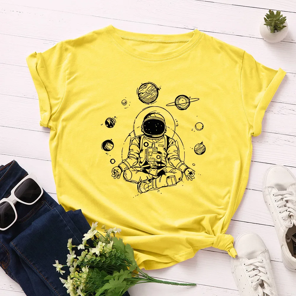 JFUNCY Summer Women T-shirt Creative Space Astronaut Print Short Sleeve Tops 100% Cotton Woman Tshirt  Loose Female Tees