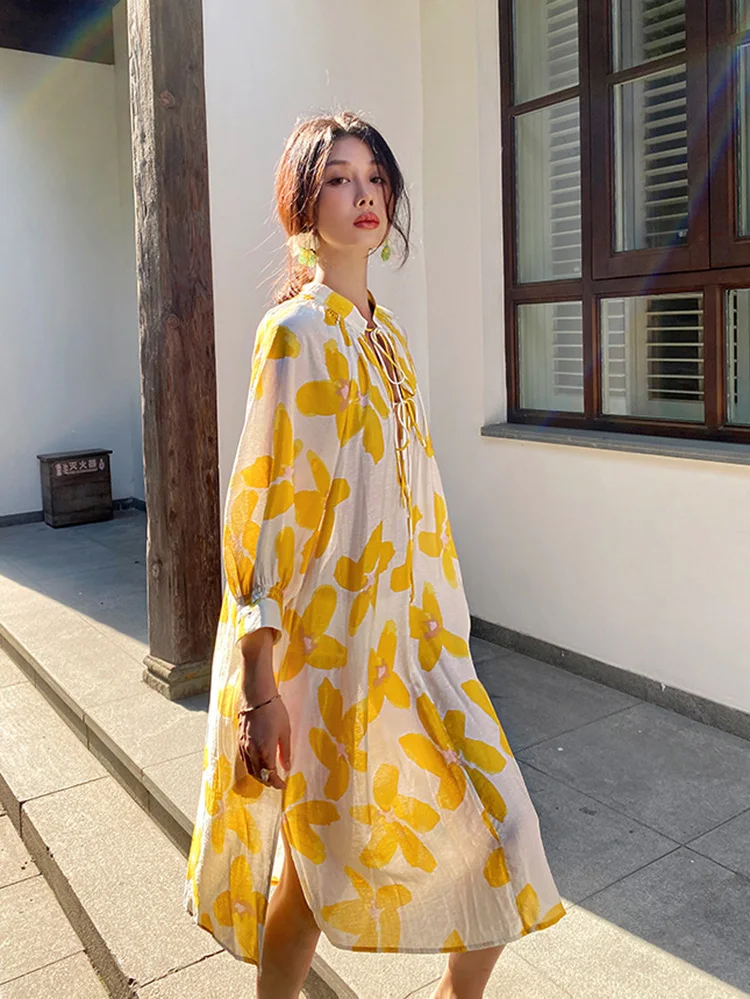 Khalee Yose Boho Floral Chic Midi Dress allentato cotone scollo a v giallo Casual manica lunga vacanza abiti da donna Sexy abiti da donna