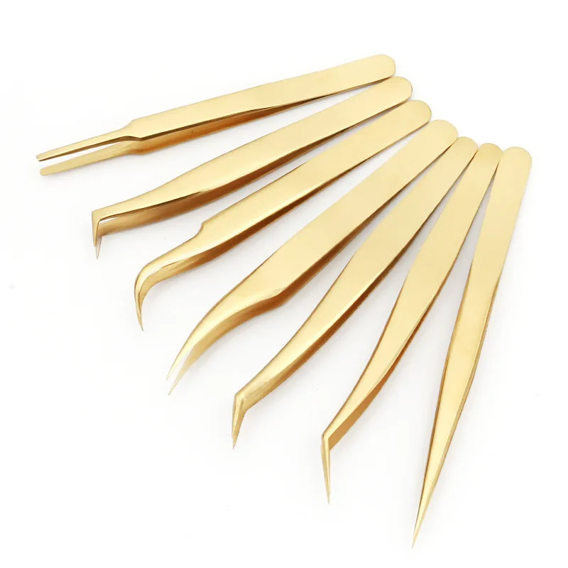 1 pc pinças de cílios douradas pinças super duras de aço inoxidável pinças antiestáticas de alta precisão para extensões de cílios unhas