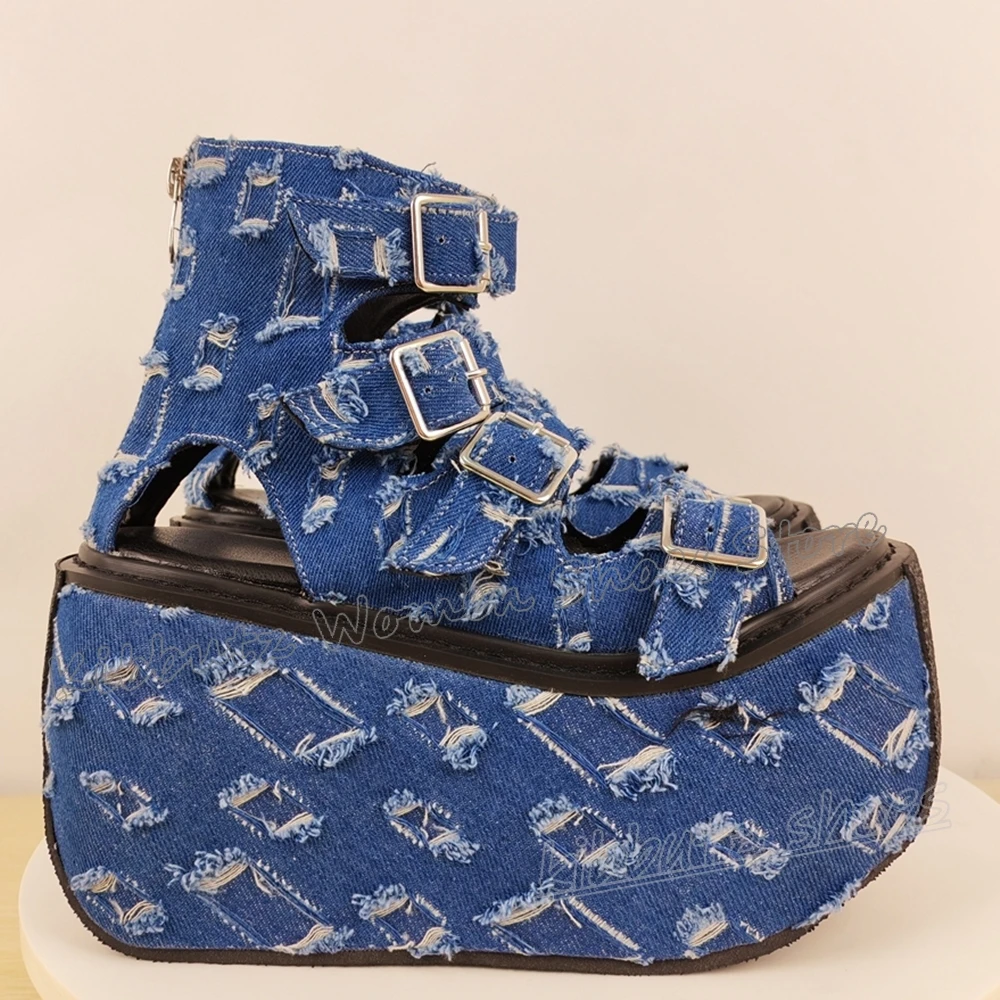 

Denim Cloth Sandals Platform Round Toe Thick Bottom Mixed Color Fashion Elegant Concise Sexy Women Shoes Belt Buckle Mixed Color