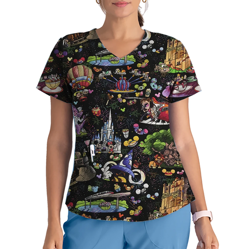 2025 الصيف المرأة ممرضة موحدة تي شيرت ديزني الكرتون الحيوان ميكي ماوس طباعة الخامس الرقبة جيب فرك فضفاض التمريض موحدة